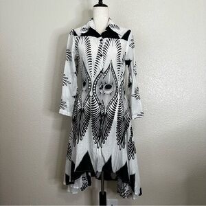 Step In Style Boho Peacock Feather Button Down Asymmetrical Midi Dress, Sz PS